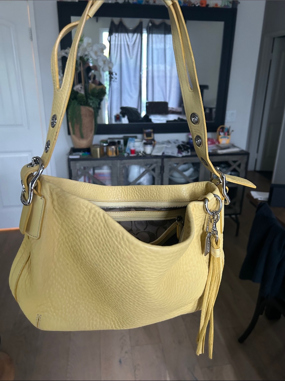 Coach Yellow Pebbled Leather Shoulder Hobo with Tassel Charm
